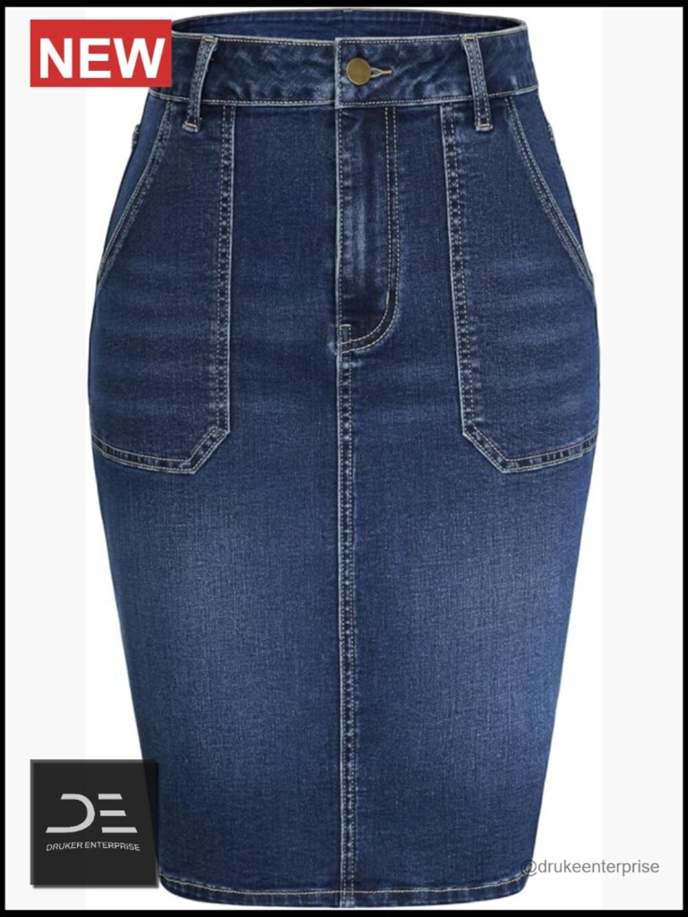 High Waisted Denim Skirt Midi Length with Pockets Stretchy Jean Skirt